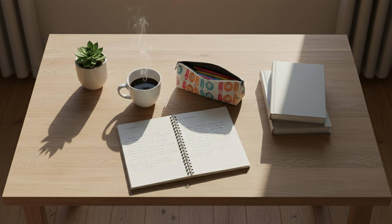 Mesa familiar con libros y cuadernos